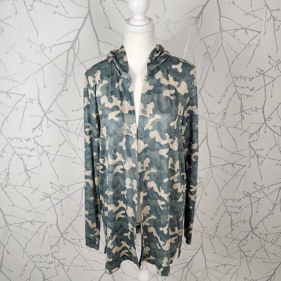 Nicole Miller Green Camo Print 100% Linen Open Hooded Cardigan - Picture 1 of 7